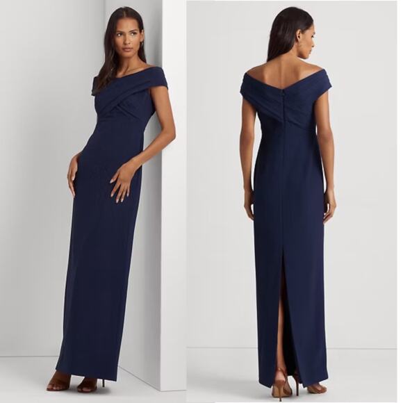 Lauren Ralph Lauren Crepe Off the Shoulder Gown Navy Blue Size 14 - Picture 1 of 12